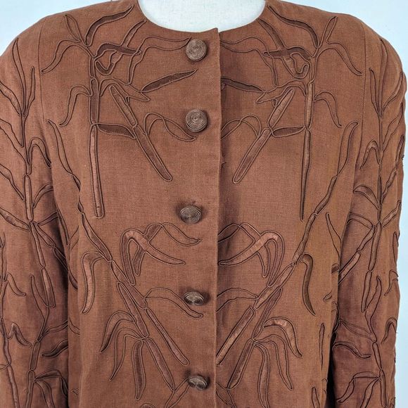 Carmen Marc Valvo Brown Linen Women's 12 Embroidered Snap Front Jacket - Picture 2 of 10